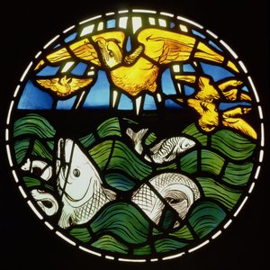 Fugle og fisk, detalje fra skabelsesvinduet, 1861 (farvet glas) (se 120153)